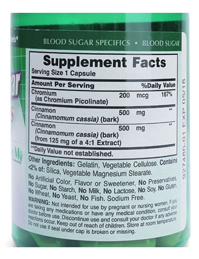 Nhãn sản phẩm viên uống giúp đỡ đái tháo đường Blood Sugar Specifics Puritan Pride